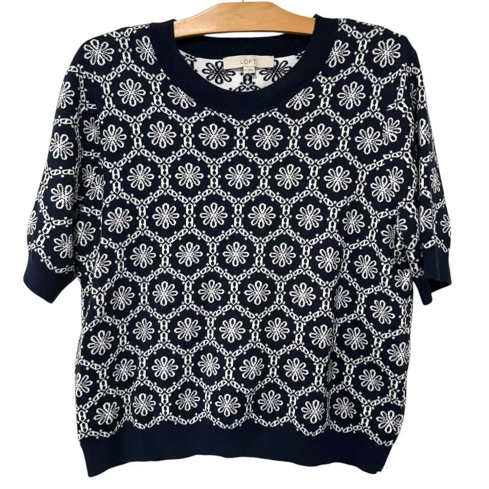Ann Taylor LOFT | Sweater Floral Short Sleeve Navy White Preppy- Size XL - Picture 1 of 7